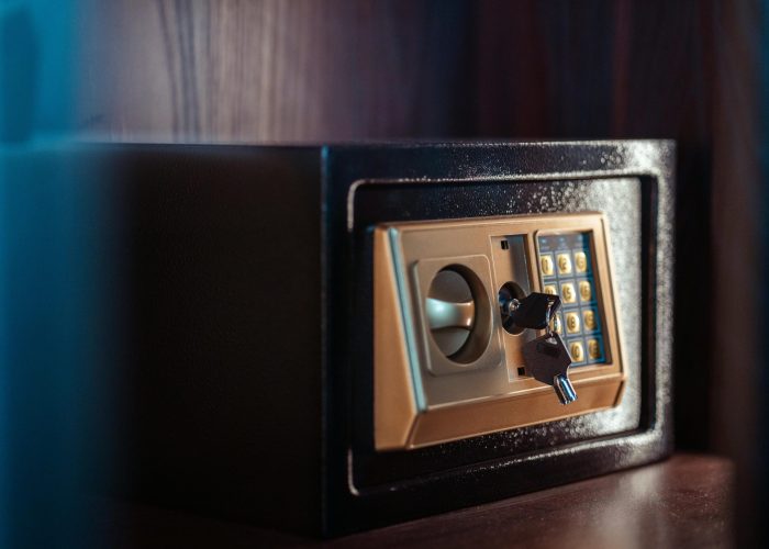Close-up image of an electronic safe with a key in Baghdad, Iraq.